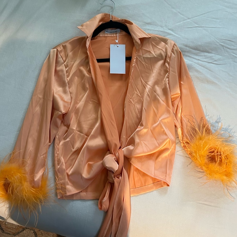 Orange silk top with feather sleeve - from RUMORED